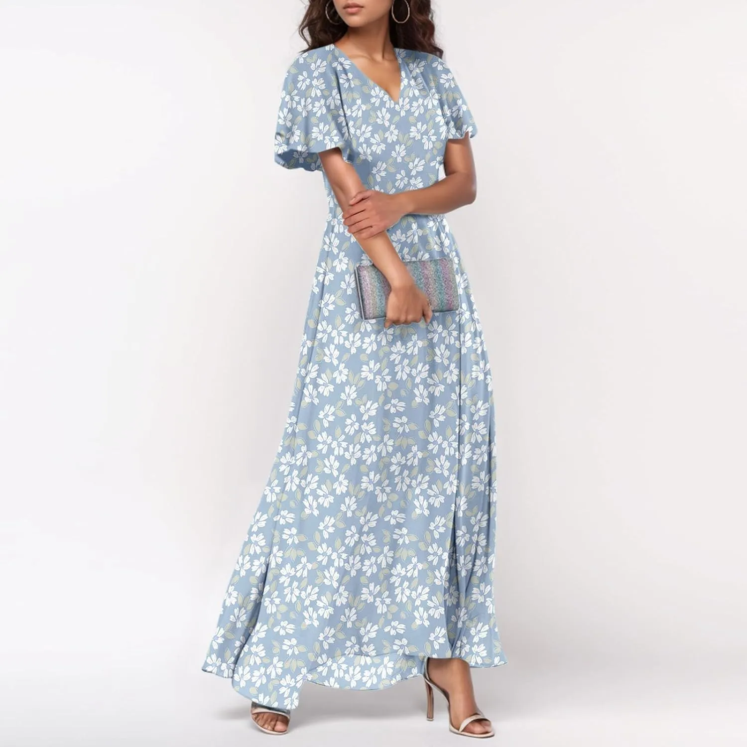 Dresses for Church Women 2025 Maxi Dress Summer Wrap Floral Ruffle Sleeve Chiffon Wedding Dress Boho