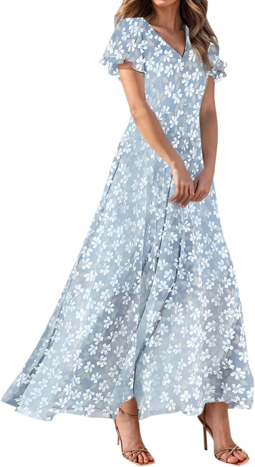 Dresses for Church Women 2025 Maxi Dress Summer Wrap Floral Ruffle Sleeve Chiffon Wedding Dress Boho