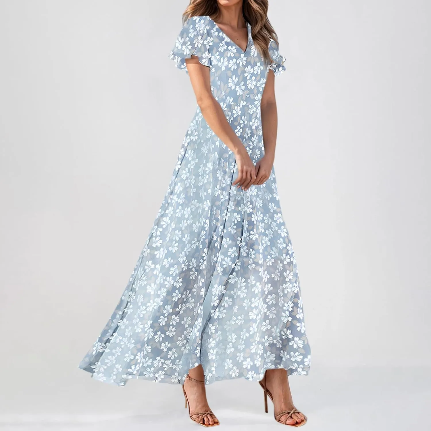 Dresses for Church Women 2025 Maxi Dress Summer Wrap Floral Ruffle Sleeve Chiffon Wedding Dress Boho