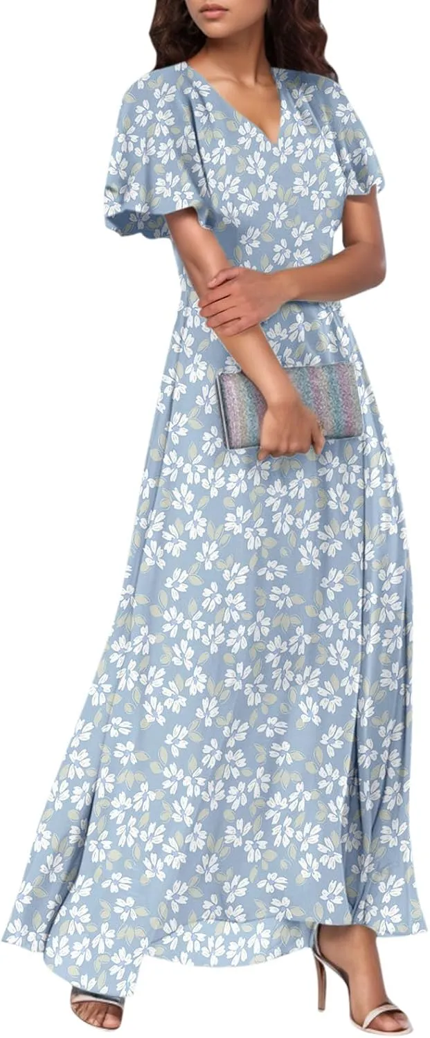 Dresses for Church Women 2025 Maxi Dress Summer Wrap Floral Ruffle Sleeve Chiffon Wedding Dress Boho