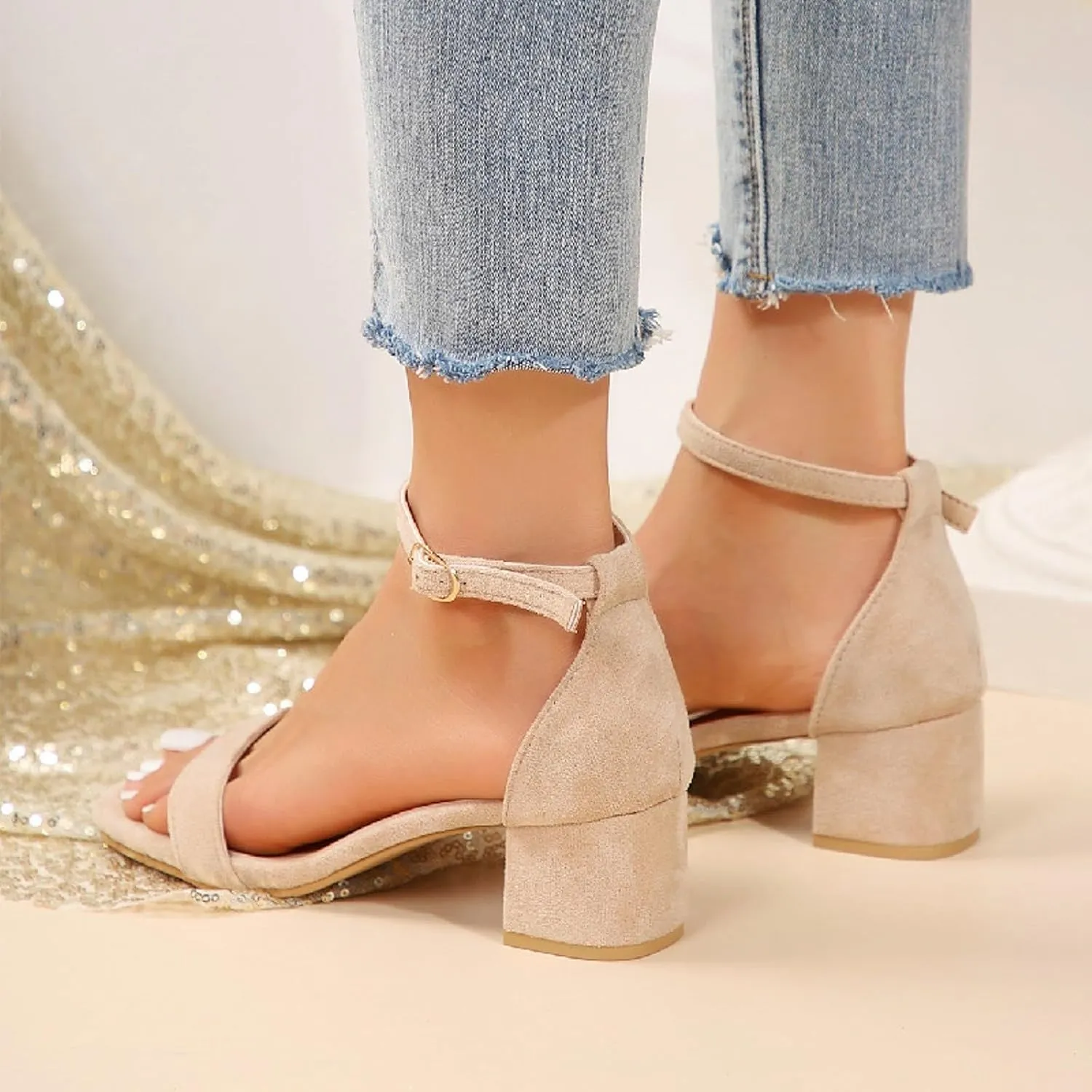 Dressy Heels Scandals For Women High Heels Square Open Toe Cover Heel Suede Sandals with Adjustable Ankle Strap Strappy Platform Heels for Women Prom Wedding Date Night Shoes