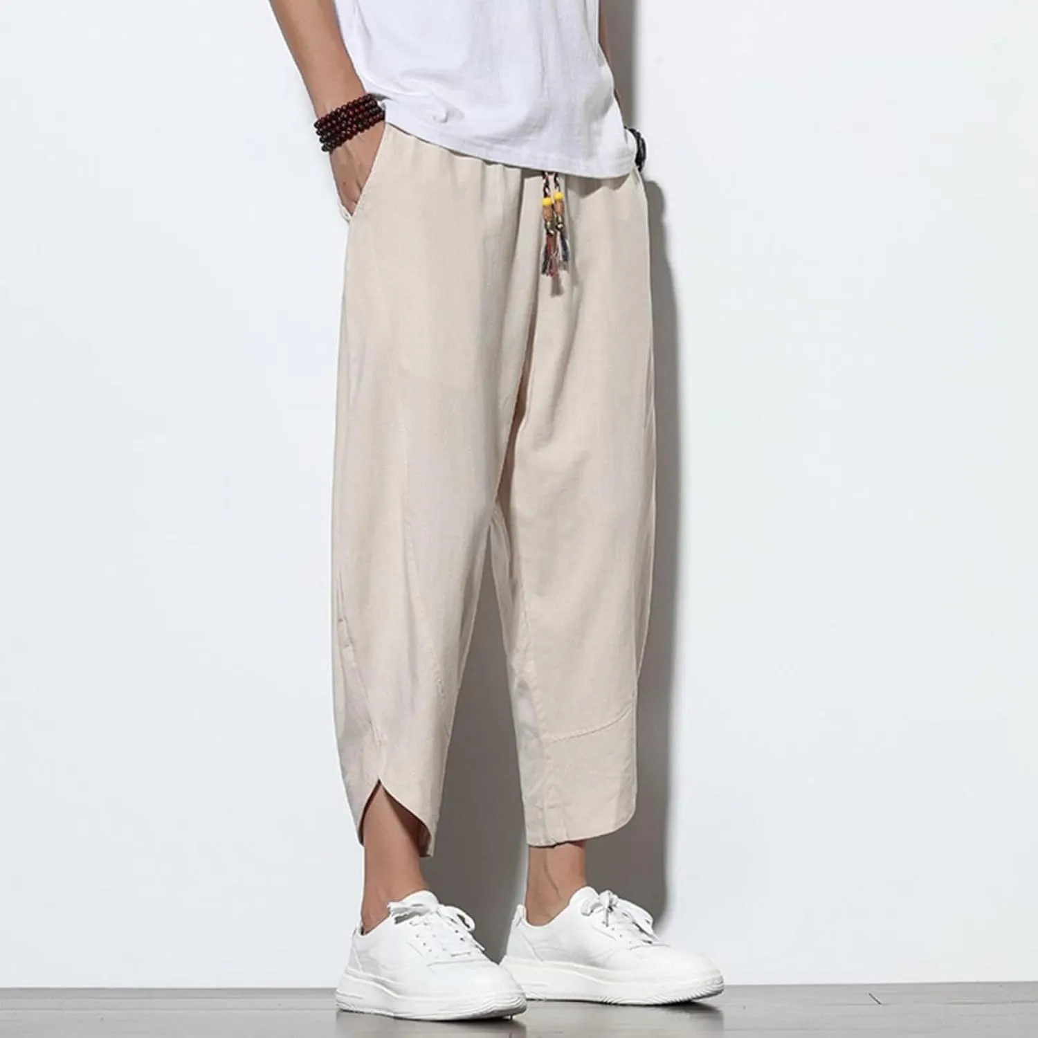 Dudubaby Men Casual Pants Mens Baggy Pants Drawstring Cotton Linen Wide Leg Yoga Pants Solid Color Baggy Pants