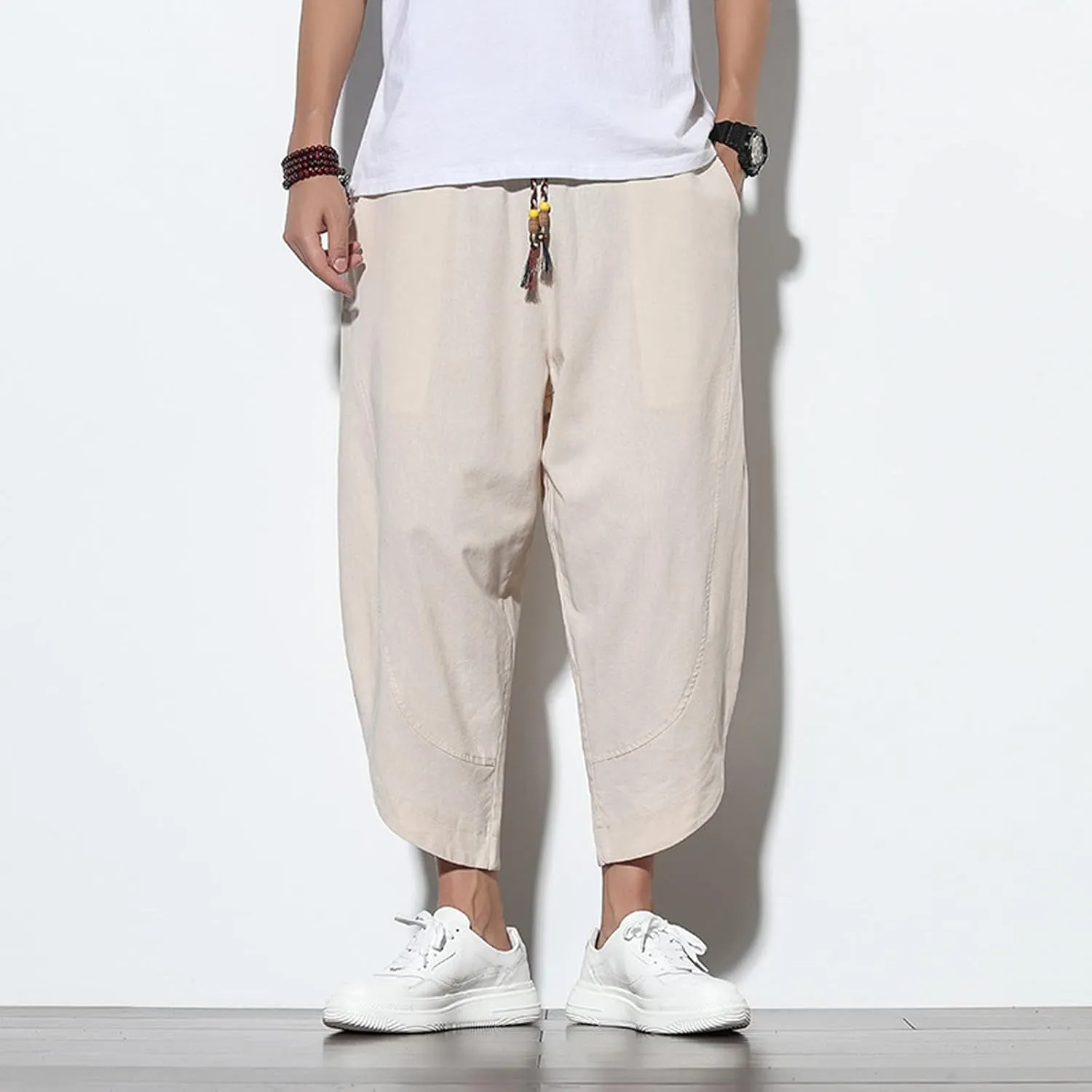 Dudubaby Men Casual Pants Mens Baggy Pants Drawstring Cotton Linen Wide Leg Yoga Pants Solid Color Baggy Pants