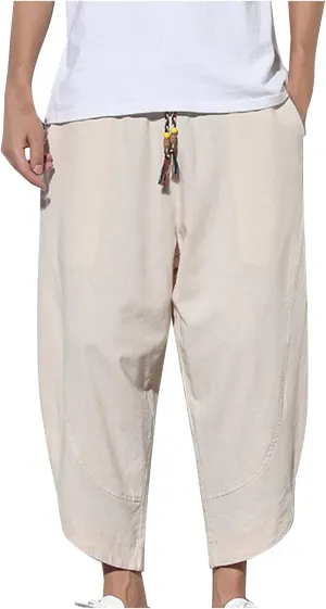 Dudubaby Men Casual Pants Mens Baggy Pants Drawstring Cotton Linen Wide Leg Yoga Pants Solid Color Baggy Pants