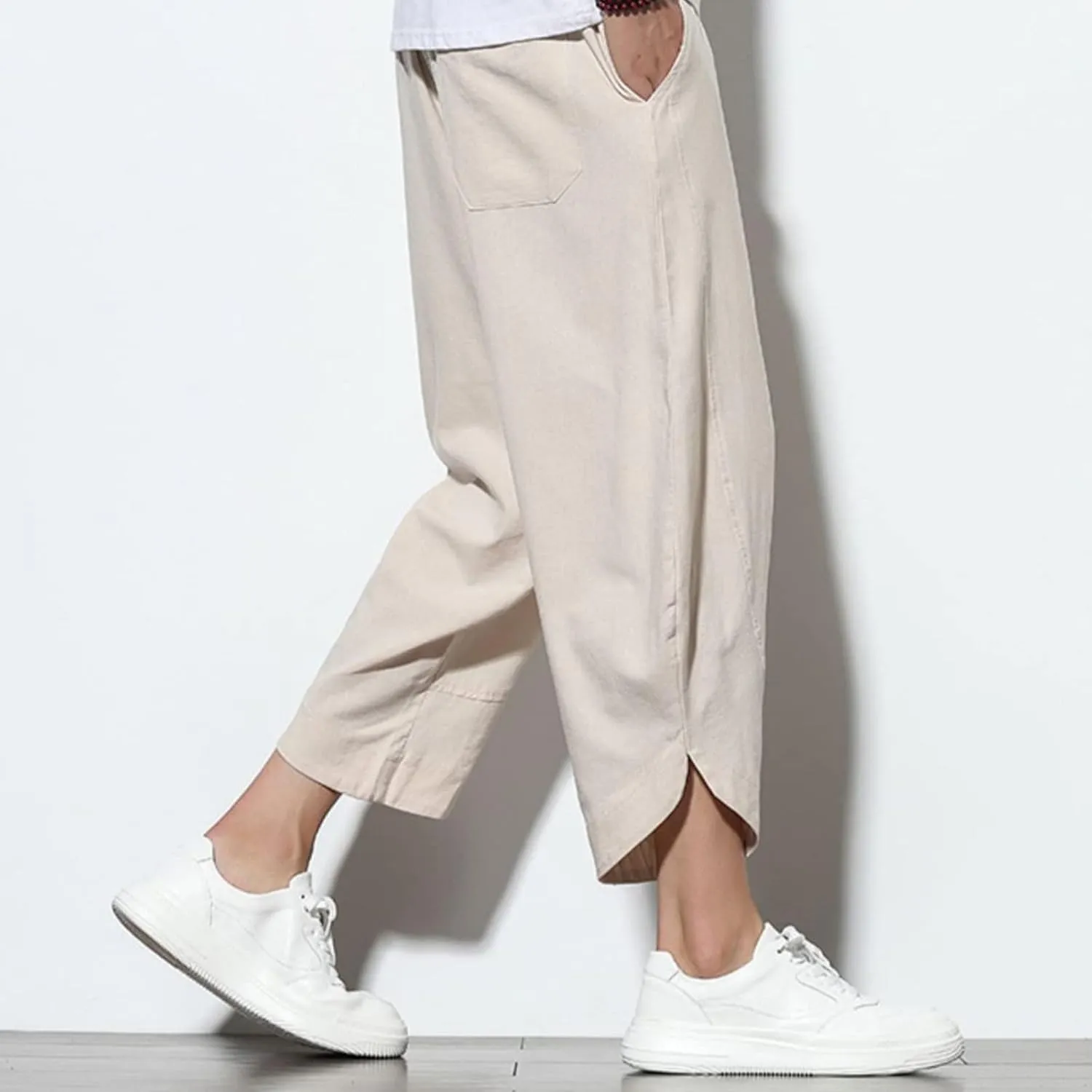 Dudubaby Men Casual Pants Mens Baggy Pants Drawstring Cotton Linen Wide Leg Yoga Pants Solid Color Baggy Pants
