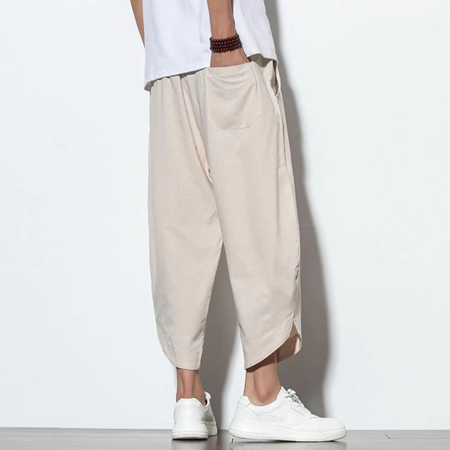 Dudubaby Men Casual Pants Mens Baggy Pants Drawstring Cotton Linen Wide Leg Yoga Pants Solid Color Baggy Pants