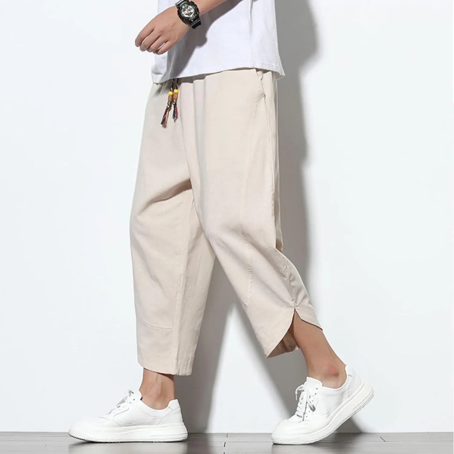Dudubaby Men Casual Pants Mens Baggy Pants Drawstring Cotton Linen Wide Leg Yoga Pants Solid Color Baggy Pants