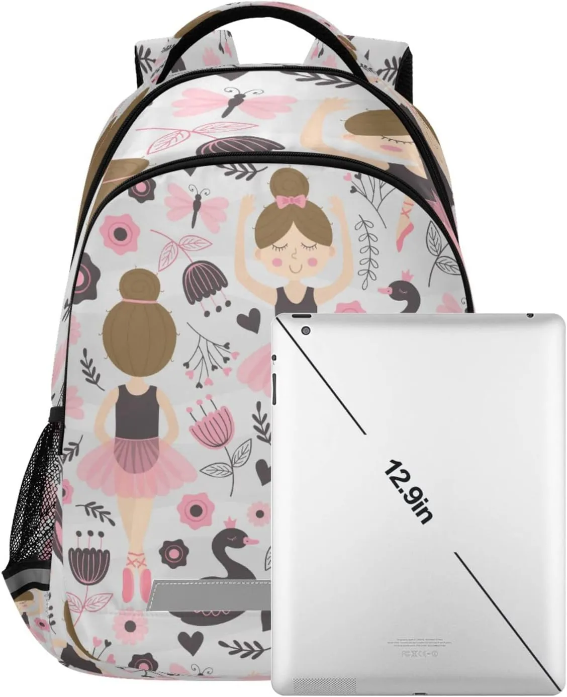 Dussdil Ballerina Swan Backpack Flowers Ballet Backpacks 16 inch Laptop Bag Casual Daypack Back Pack Double Zipper Travel Sports Bags with Adjustable Shoulder Strap Backpack