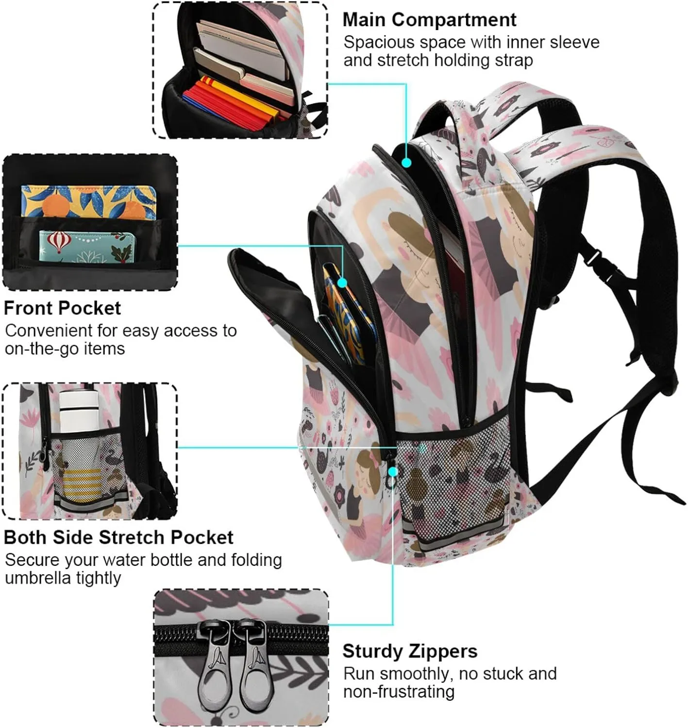 Dussdil Ballerina Swan Backpack Flowers Ballet Backpacks 16 inch Laptop Bag Casual Daypack Back Pack Double Zipper Travel Sports Bags with Adjustable Shoulder Strap Backpack