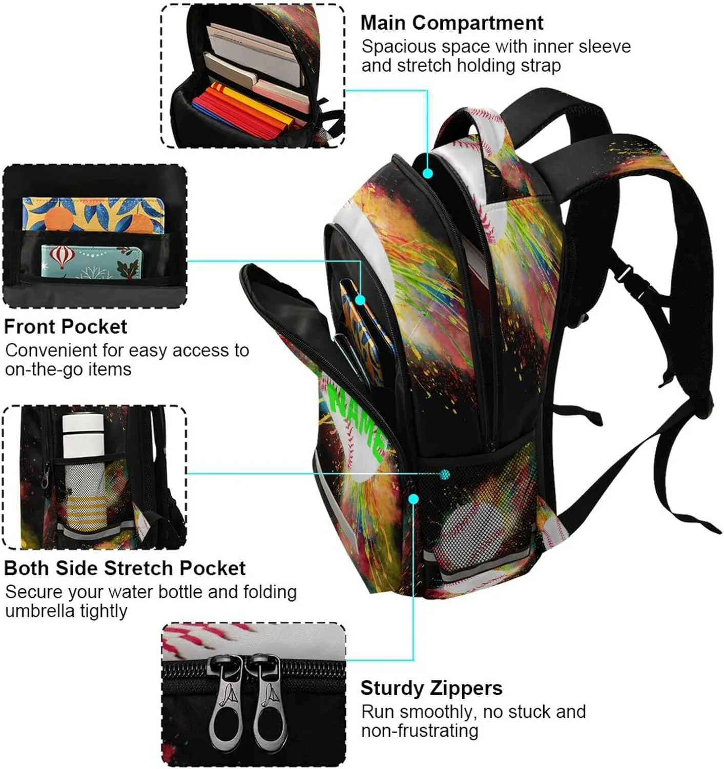 Dussdil Custom Name Backpack Colorful Splashing Baseball Personalized Backpacks 16 inch Casual Daypack Back Pack Laptop Bag Double Zipper Travel Sports Bags