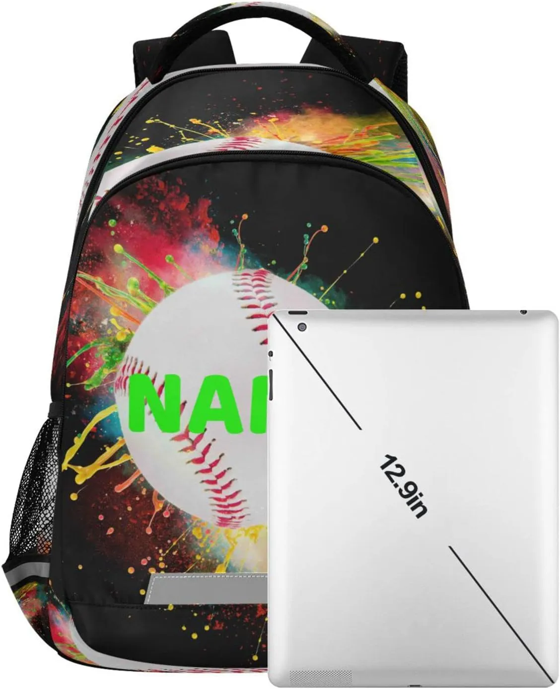 Dussdil Custom Name Backpack Colorful Splashing Baseball Personalized Backpacks 16 inch Casual Daypack Back Pack Laptop Bag Double Zipper Travel Sports Bags