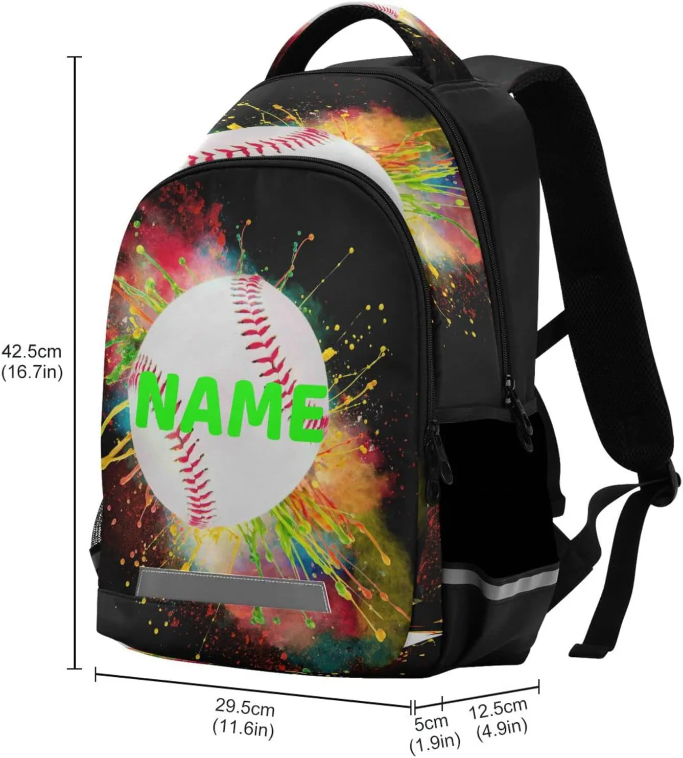 Dussdil Custom Name Backpack Colorful Splashing Baseball Personalized Backpacks 16 inch Casual Daypack Back Pack Laptop Bag Double Zipper Travel Sports Bags