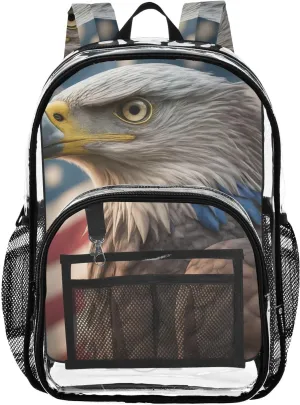Eagle and American Flag Clear Backpack with Back Print, Heavy Duty See Through Backpacks PVC Transparent Daypack for Travel Security