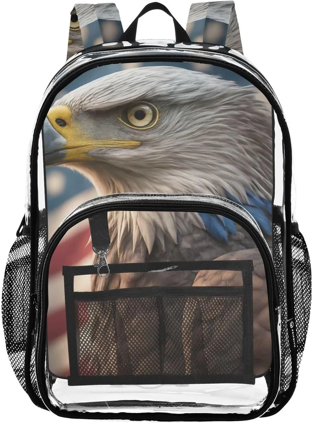 Eagle and American Flag Clear Backpack with Back Print, Heavy Duty See Through Backpacks PVC Transparent Daypack for Travel Security