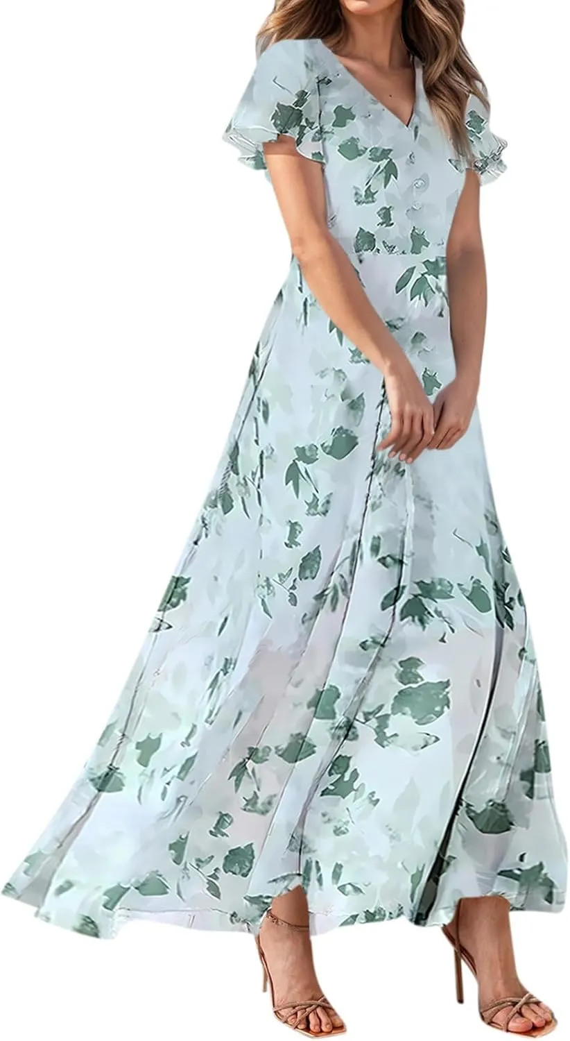 Easter Dresses for Women 2025 Swing Flowy Ruffle Hem Swing A-Line Womens Dresses Summer Spring Chiffon Dresses