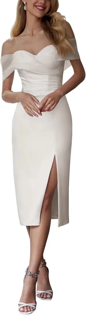 Eightale Tea Length Wedding Dress for Bride Midi Long Ruched Backless Boho Beach Bridal Shower Gowns for Women