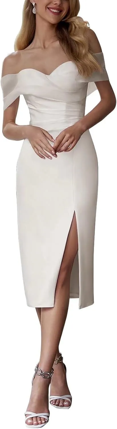 Eightale Tea Length Wedding Dress for Bride Midi Long Ruched Backless Boho Beach Bridal Shower Gowns for Women