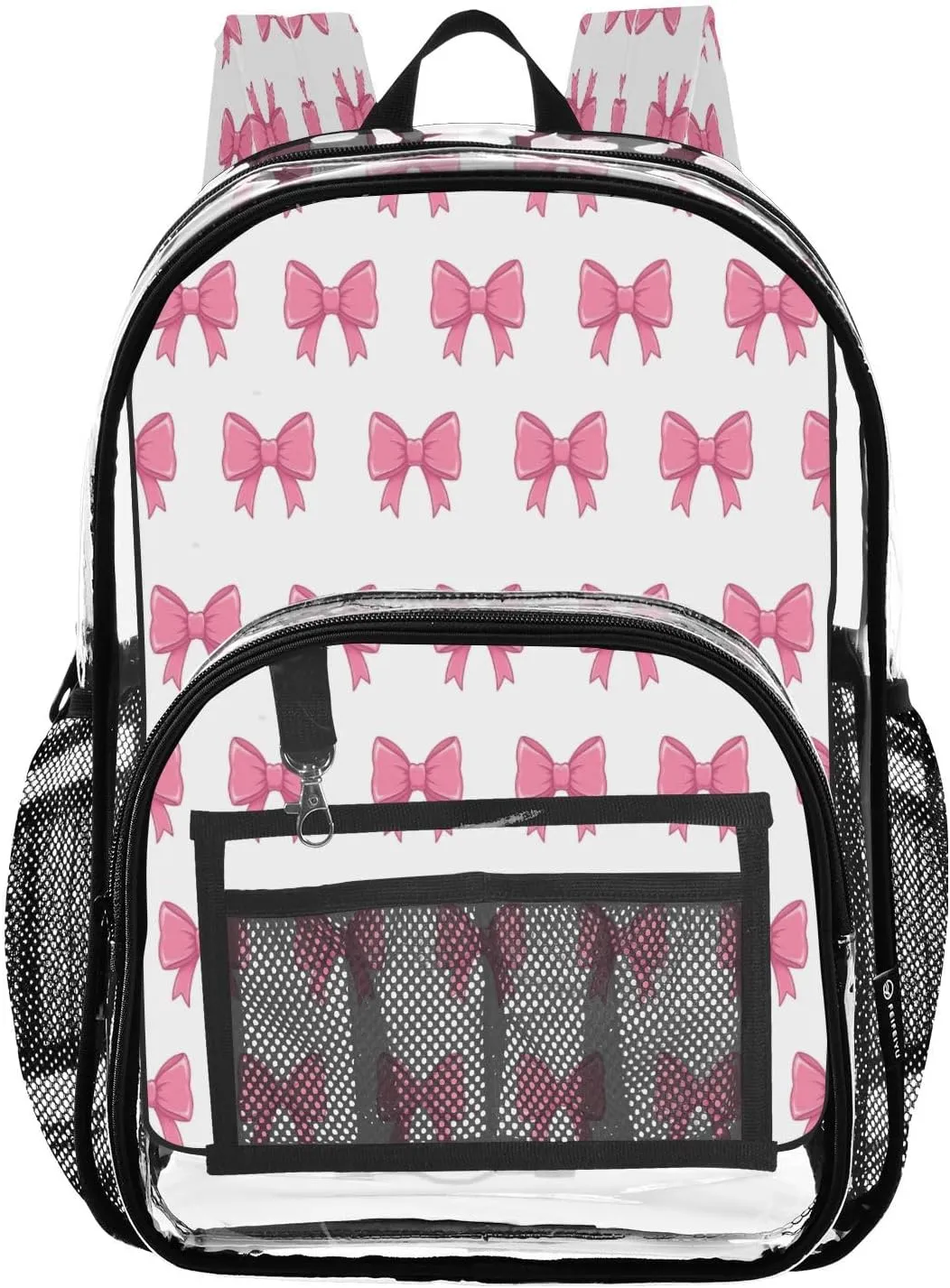 Elegant Bows Pink Clear Backpack with Back Print, Heavy Duty See Through Backpacks PVC Transparent Daypack for Travel Security