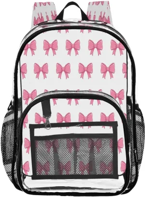 Elegant Bows Pink Clear Backpack with Back Print, Heavy Duty See Through Backpacks PVC Transparent Daypack for Travel Security