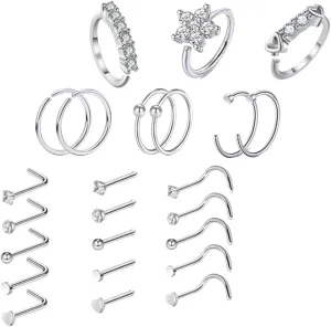Elegant Nose Ring Jewelry Set 24 Pc Zircon Nose Studs Stainless Steel Piercing Hoop Rings for Women