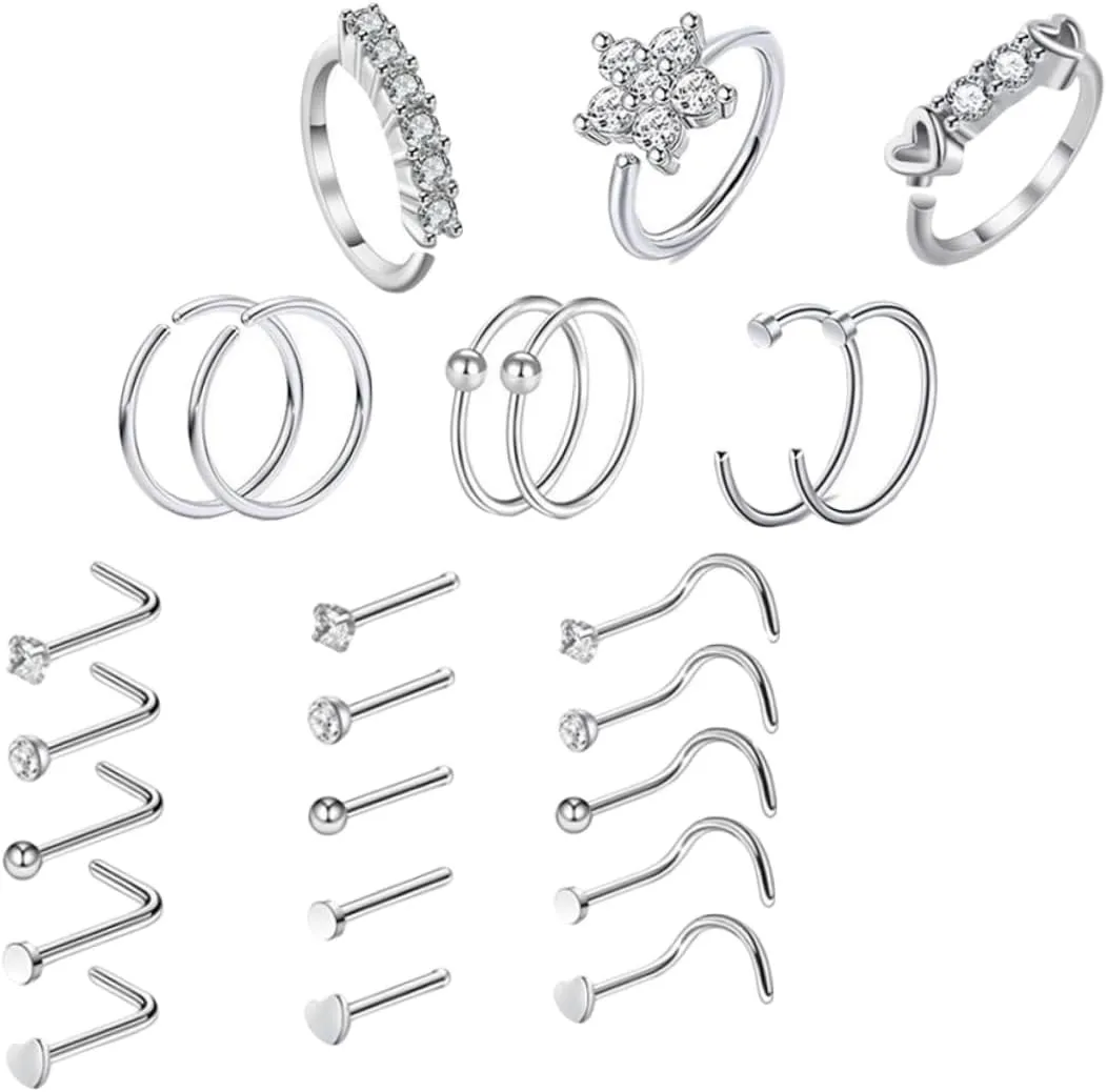Elegant Nose Ring Jewelry Set 24 Pc Zircon Nose Studs Stainless Steel Piercing Hoop Rings for Women