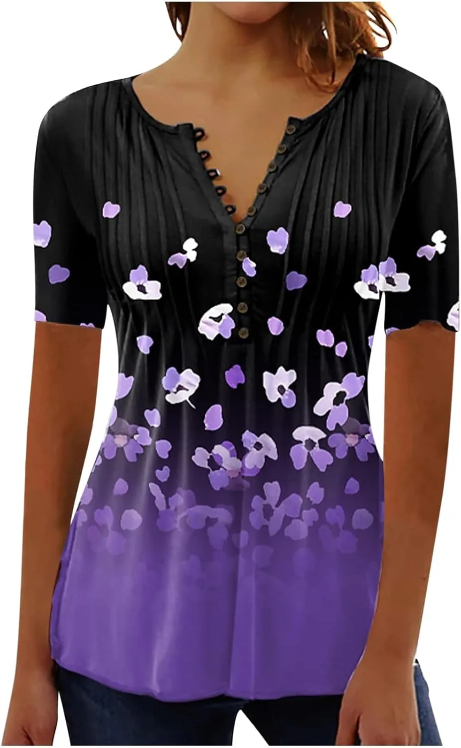 Empire Waist Button Down Shirts for Women Fashion Short Sleeve Floral Print Bohemian Tunic Tops Summer Causal Blouse