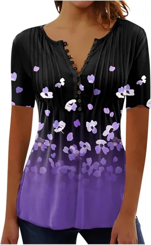 Empire Waist Button Down Shirts for Women Fashion Short Sleeve Floral Print Bohemian Tunic Tops Summer Causal Blouse