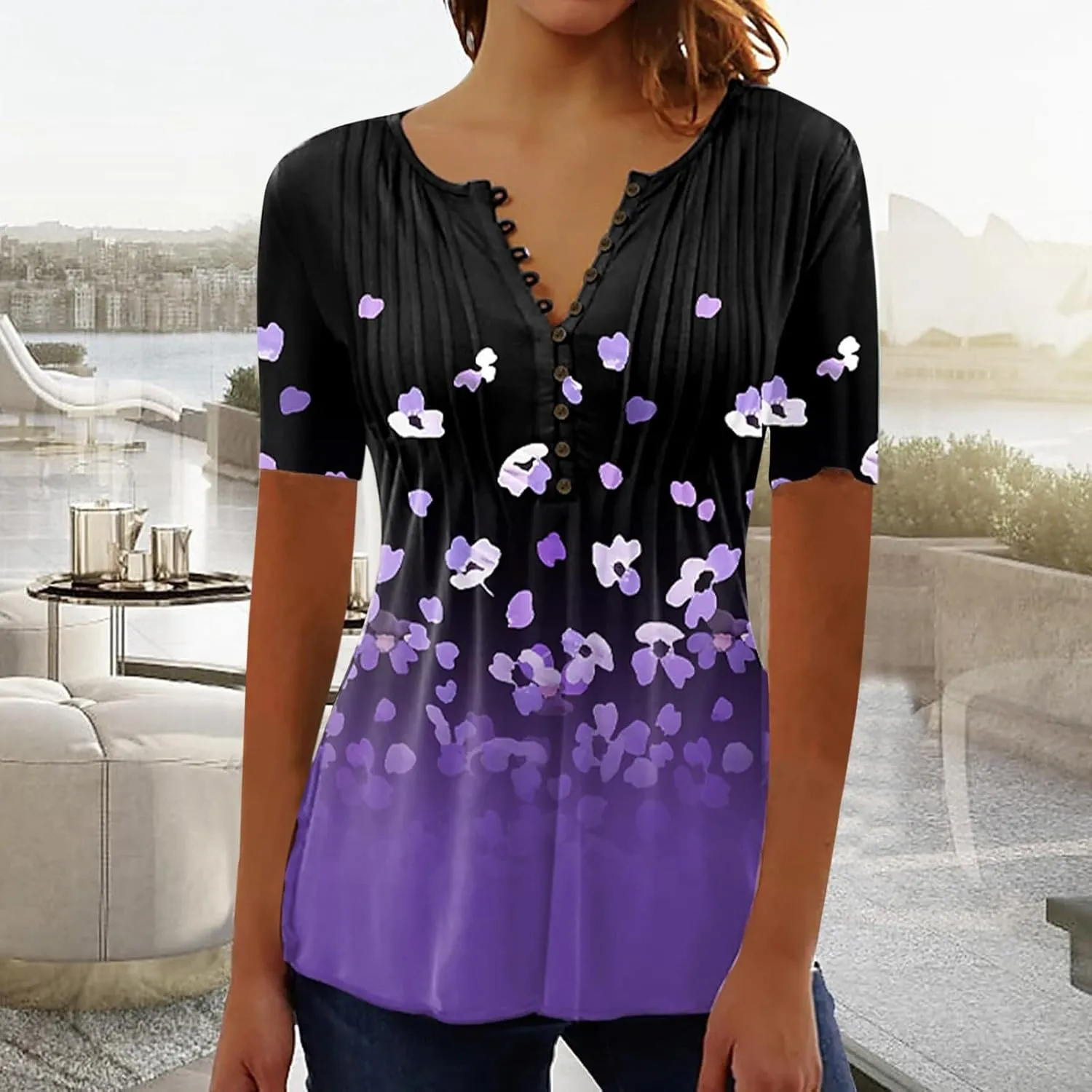Empire Waist Button Down Shirts for Women Fashion Short Sleeve Floral Print Bohemian Tunic Tops Summer Causal Blouse