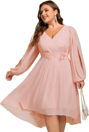 Ever-Pretty Plus Women's Trendy V Neck Hollow Out Long Sleeves Chiffon Applique Plus Size Midi Semi Formal Dresses 02926-DA