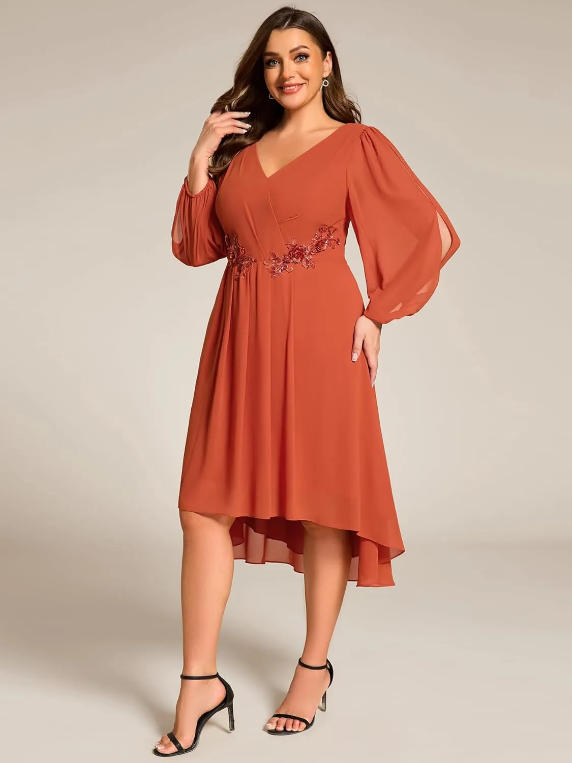 Ever-Pretty Plus Women's Trendy V Neck Hollow Out Long Sleeves Chiffon Applique Plus Size Midi Semi Formal Dresses 02926-DA