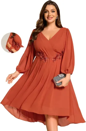 Ever-Pretty Plus Women's Trendy V Neck Hollow Out Long Sleeves Chiffon Applique Plus Size Midi Semi Formal Dresses 02926-DA