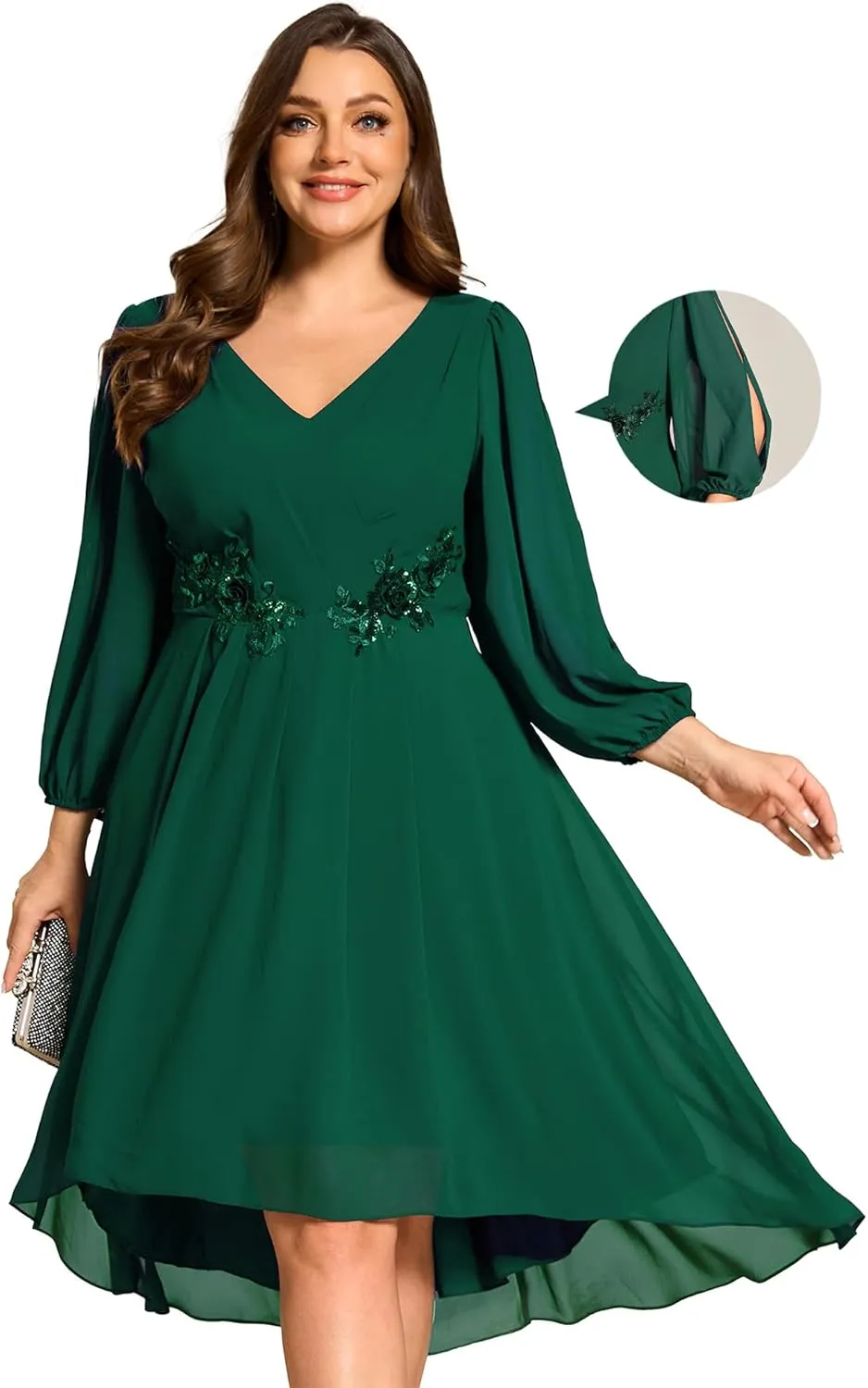 Ever-Pretty Plus Women's Trendy V Neck Hollow Out Long Sleeves Chiffon Applique Plus Size Midi Semi Formal Dresses 02926-DA