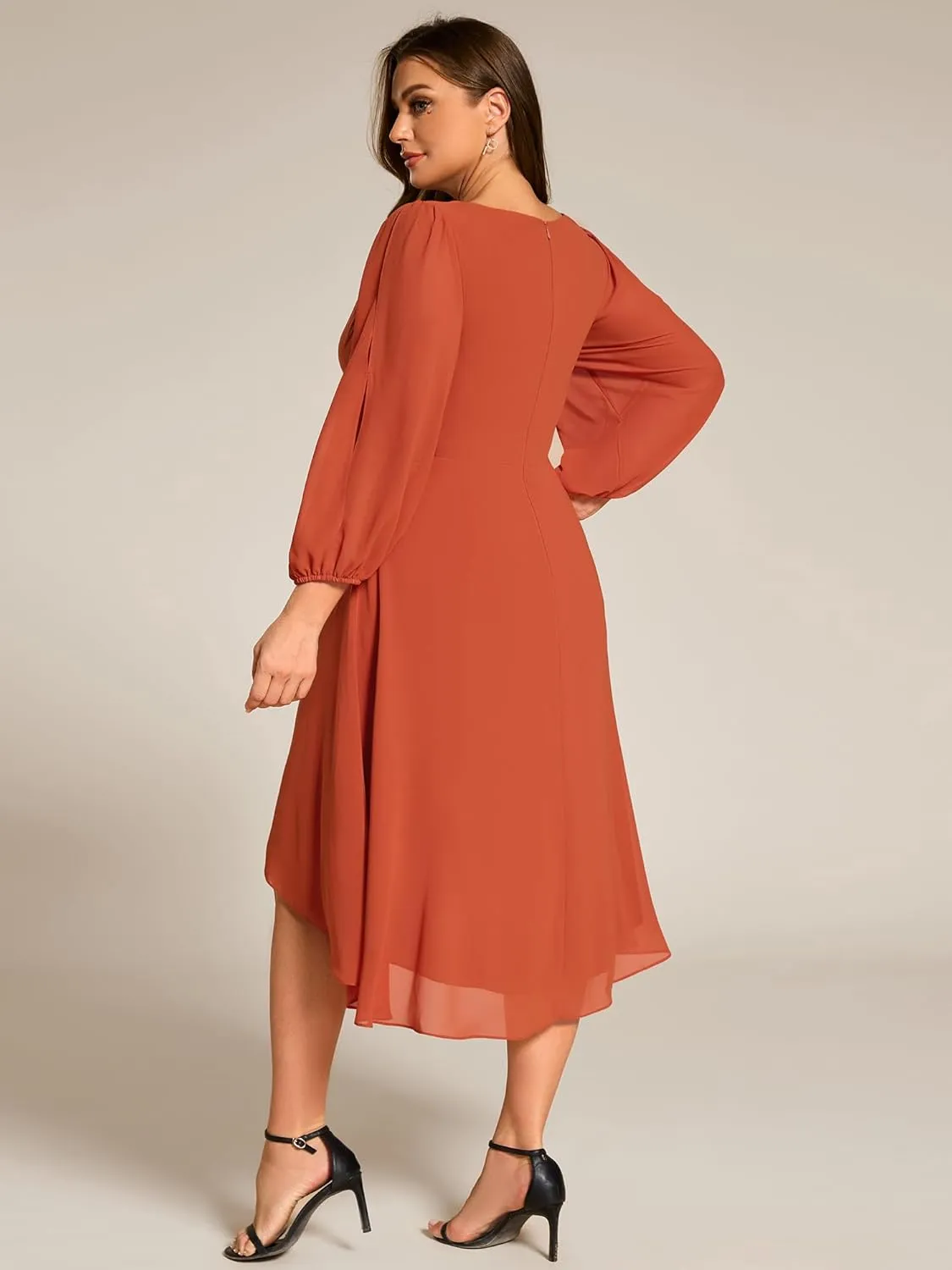 Ever-Pretty Plus Women's Trendy V Neck Hollow Out Long Sleeves Chiffon Applique Plus Size Midi Semi Formal Dresses 02926-DA
