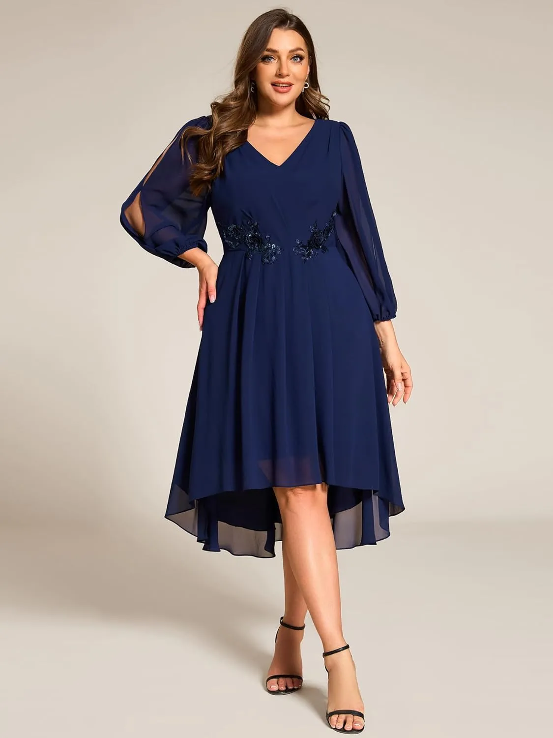 Ever-Pretty Plus Women's Trendy V Neck Hollow Out Long Sleeves Chiffon Applique Plus Size Midi Semi Formal Dresses 02926-DA