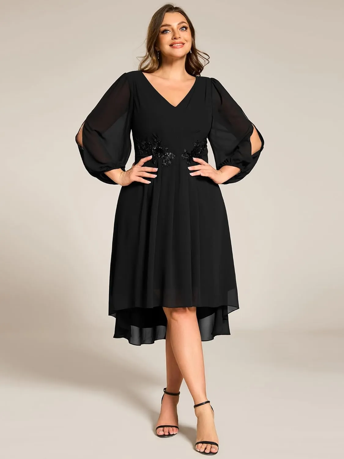 Ever-Pretty Plus Women's Trendy V Neck Hollow Out Long Sleeves Chiffon Applique Plus Size Midi Semi Formal Dresses 02926-DA
