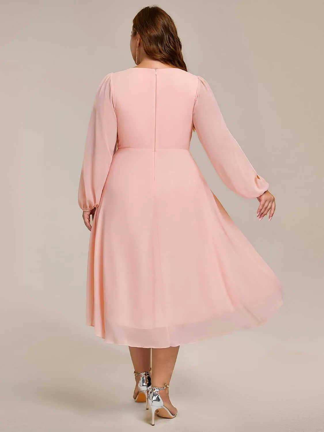 Ever-Pretty Plus Women's Trendy V Neck Hollow Out Long Sleeves Chiffon Applique Plus Size Midi Semi Formal Dresses 02926-DA