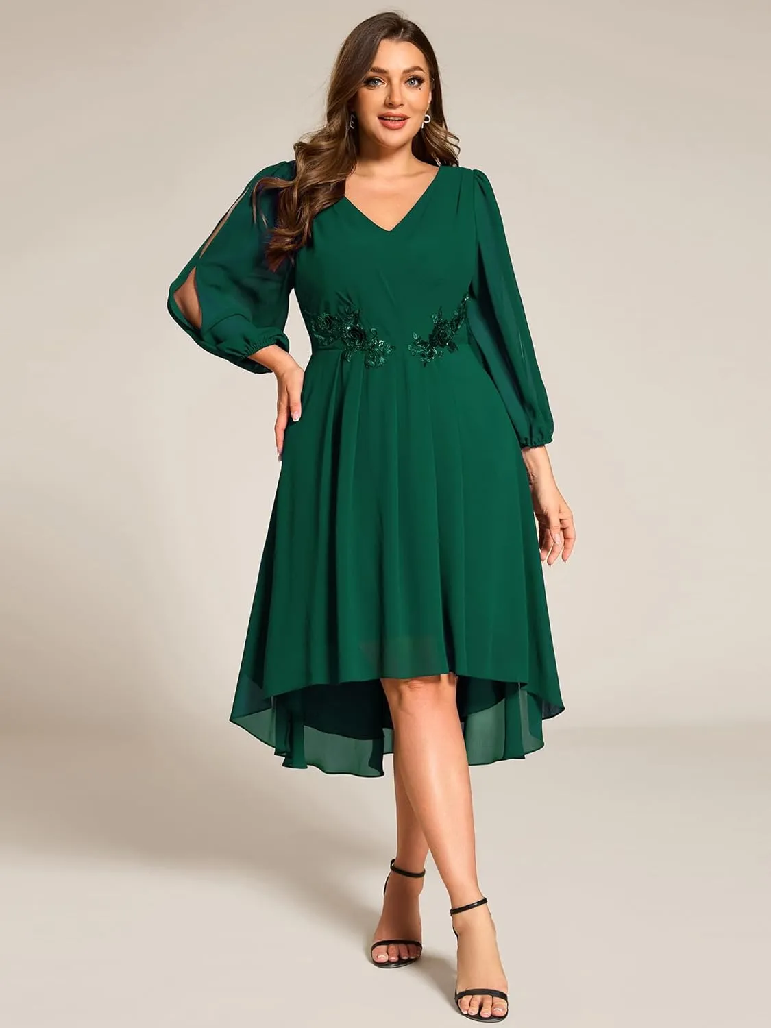 Ever-Pretty Plus Women's Trendy V Neck Hollow Out Long Sleeves Chiffon Applique Plus Size Midi Semi Formal Dresses 02926-DA