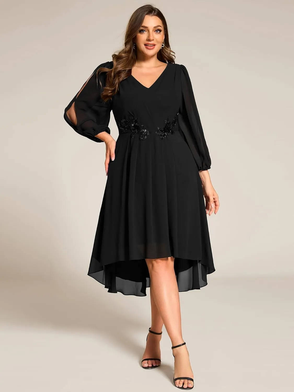 Ever-Pretty Plus Women's Trendy V Neck Hollow Out Long Sleeves Chiffon Applique Plus Size Midi Semi Formal Dresses 02926-DA