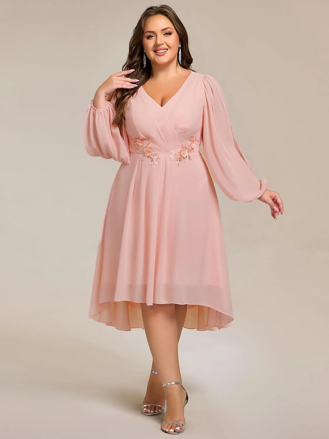 Ever-Pretty Plus Women's Trendy V Neck Hollow Out Long Sleeves Chiffon Applique Plus Size Midi Semi Formal Dresses 02926-DA