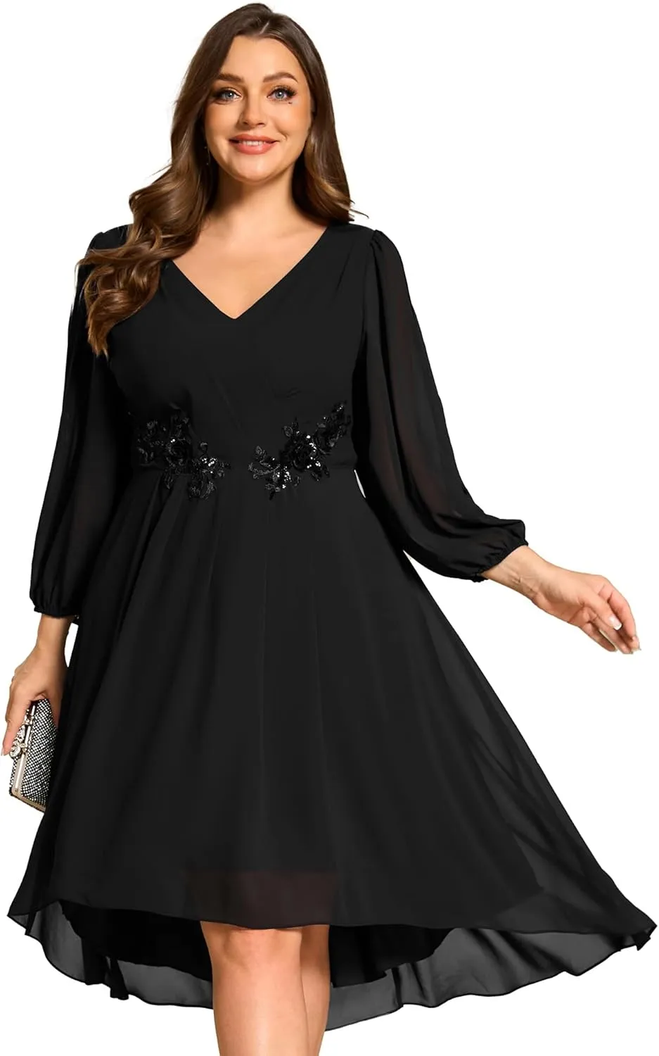 Ever-Pretty Plus Women's Trendy V Neck Hollow Out Long Sleeves Chiffon Applique Plus Size Midi Semi Formal Dresses 02926-DA