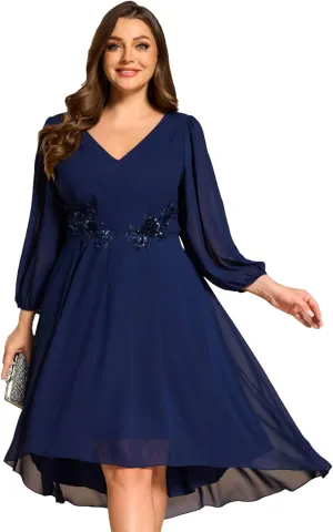 Ever-Pretty Plus Women's Trendy V Neck Hollow Out Long Sleeves Chiffon Applique Plus Size Midi Semi Formal Dresses 02926-DA