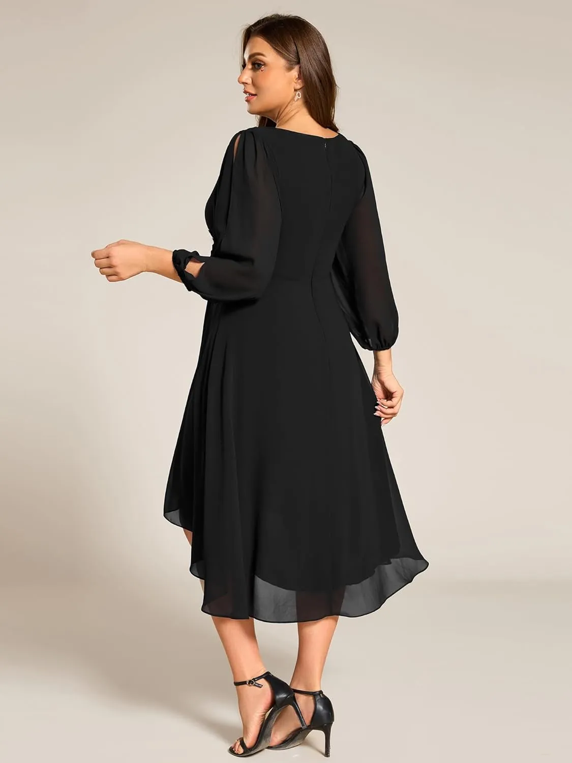 Ever-Pretty Plus Women's Trendy V Neck Hollow Out Long Sleeves Chiffon Applique Plus Size Midi Semi Formal Dresses 02926-DA