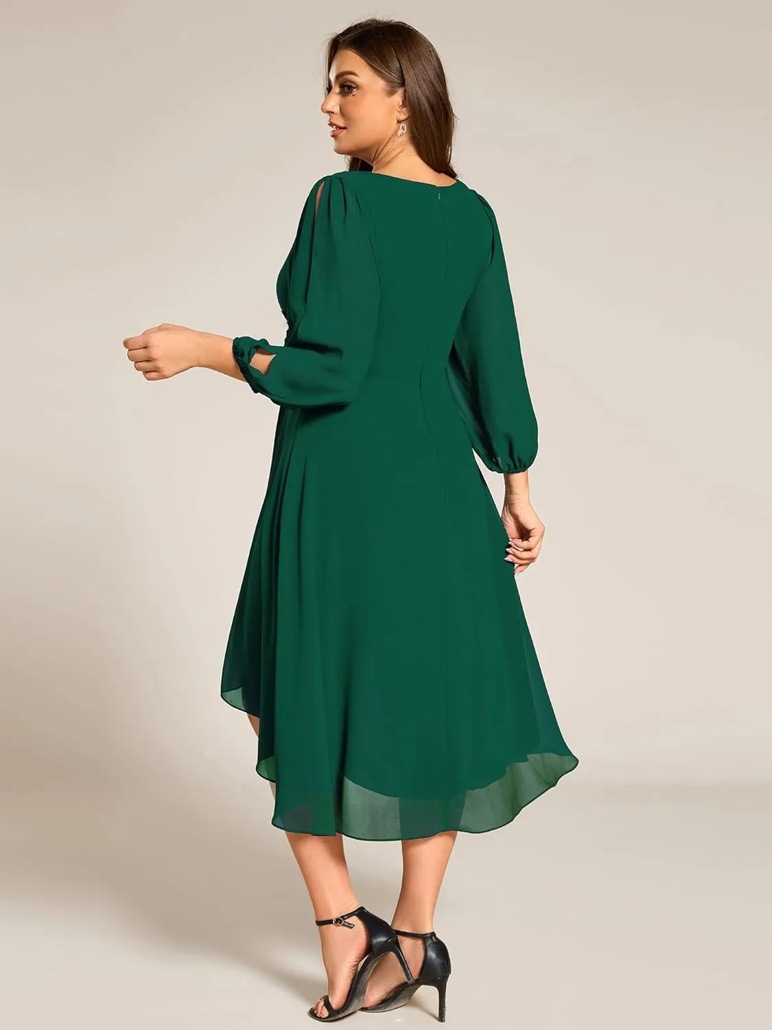 Ever-Pretty Plus Women's Trendy V Neck Hollow Out Long Sleeves Chiffon Applique Plus Size Midi Semi Formal Dresses 02926-DA