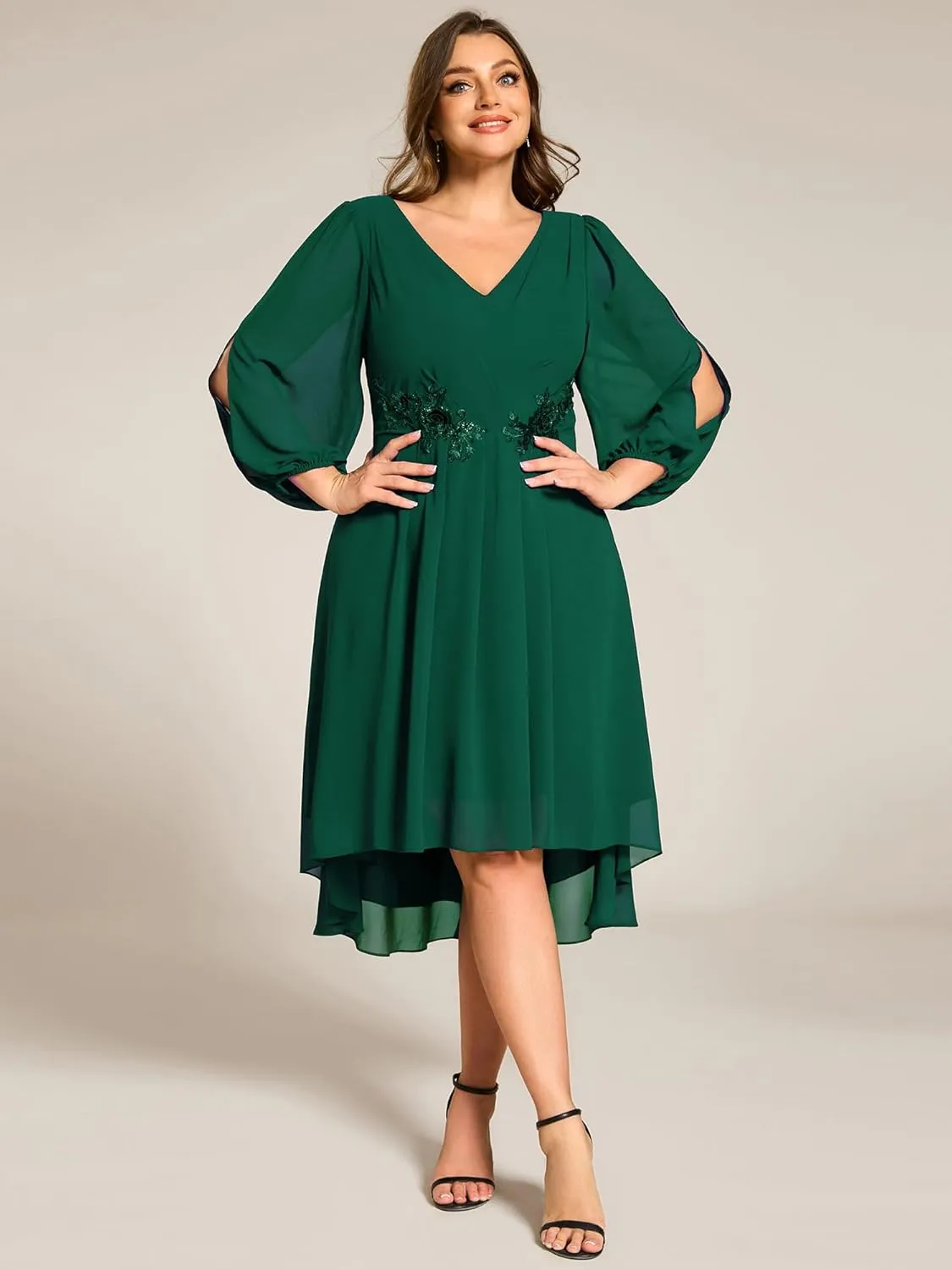 Ever-Pretty Plus Women's Trendy V Neck Hollow Out Long Sleeves Chiffon Applique Plus Size Midi Semi Formal Dresses 02926-DA