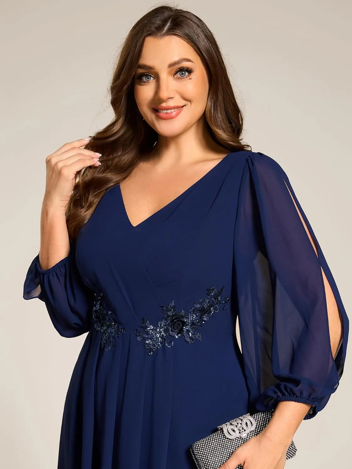 Ever-Pretty Plus Women's Trendy V Neck Hollow Out Long Sleeves Chiffon Applique Plus Size Midi Semi Formal Dresses 02926-DA