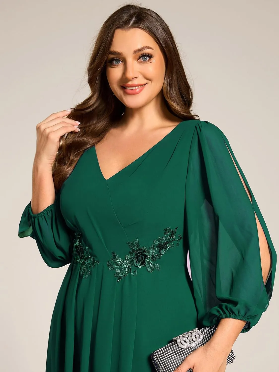 Ever-Pretty Plus Women's Trendy V Neck Hollow Out Long Sleeves Chiffon Applique Plus Size Midi Semi Formal Dresses 02926-DA