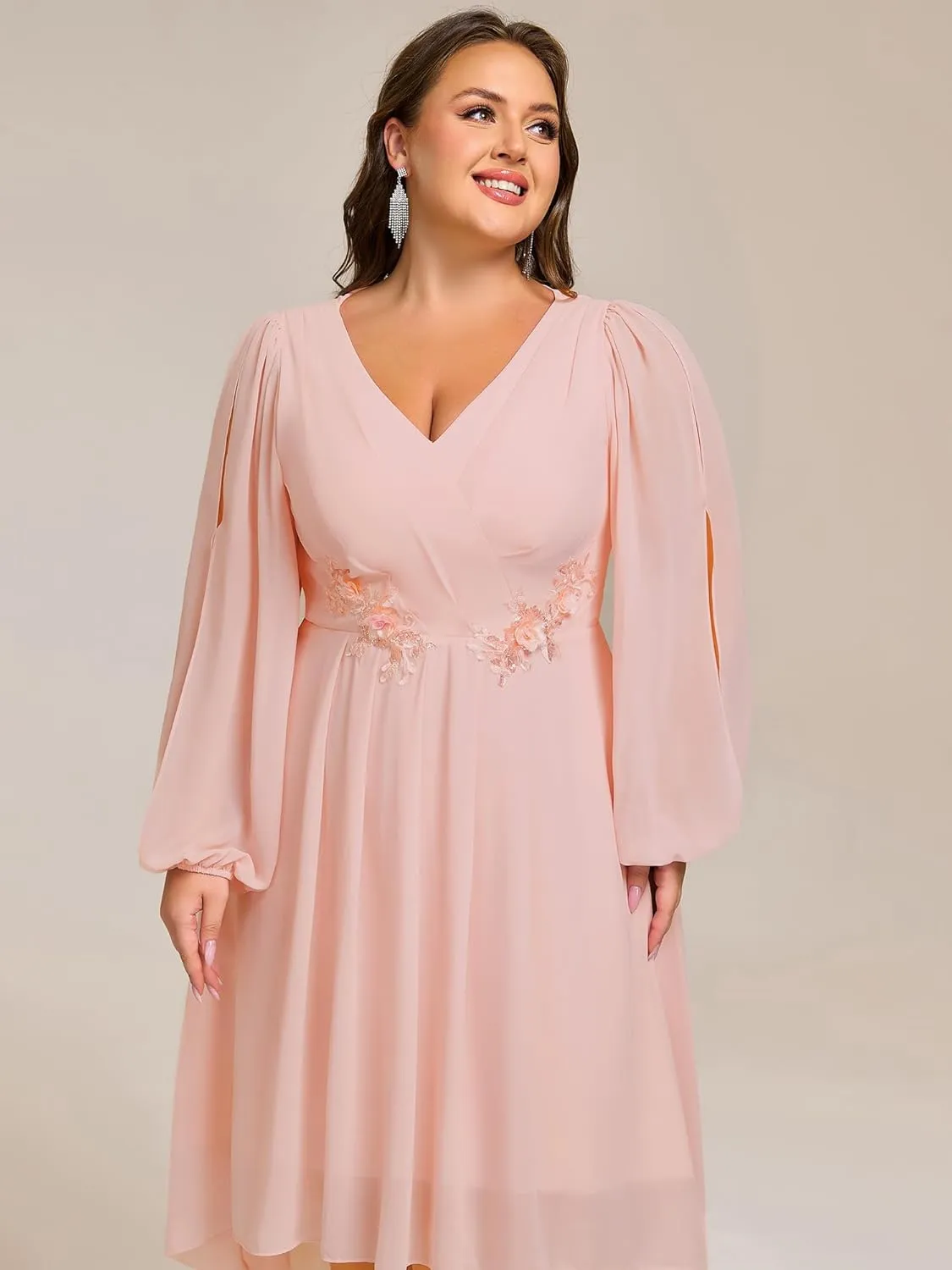 Ever-Pretty Plus Women's Trendy V Neck Hollow Out Long Sleeves Chiffon Applique Plus Size Midi Semi Formal Dresses 02926-DA