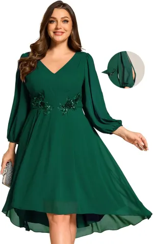 Ever-Pretty Plus Women's Trendy V Neck Hollow Out Long Sleeves Chiffon Applique Plus Size Midi Semi Formal Dresses 02926-DA