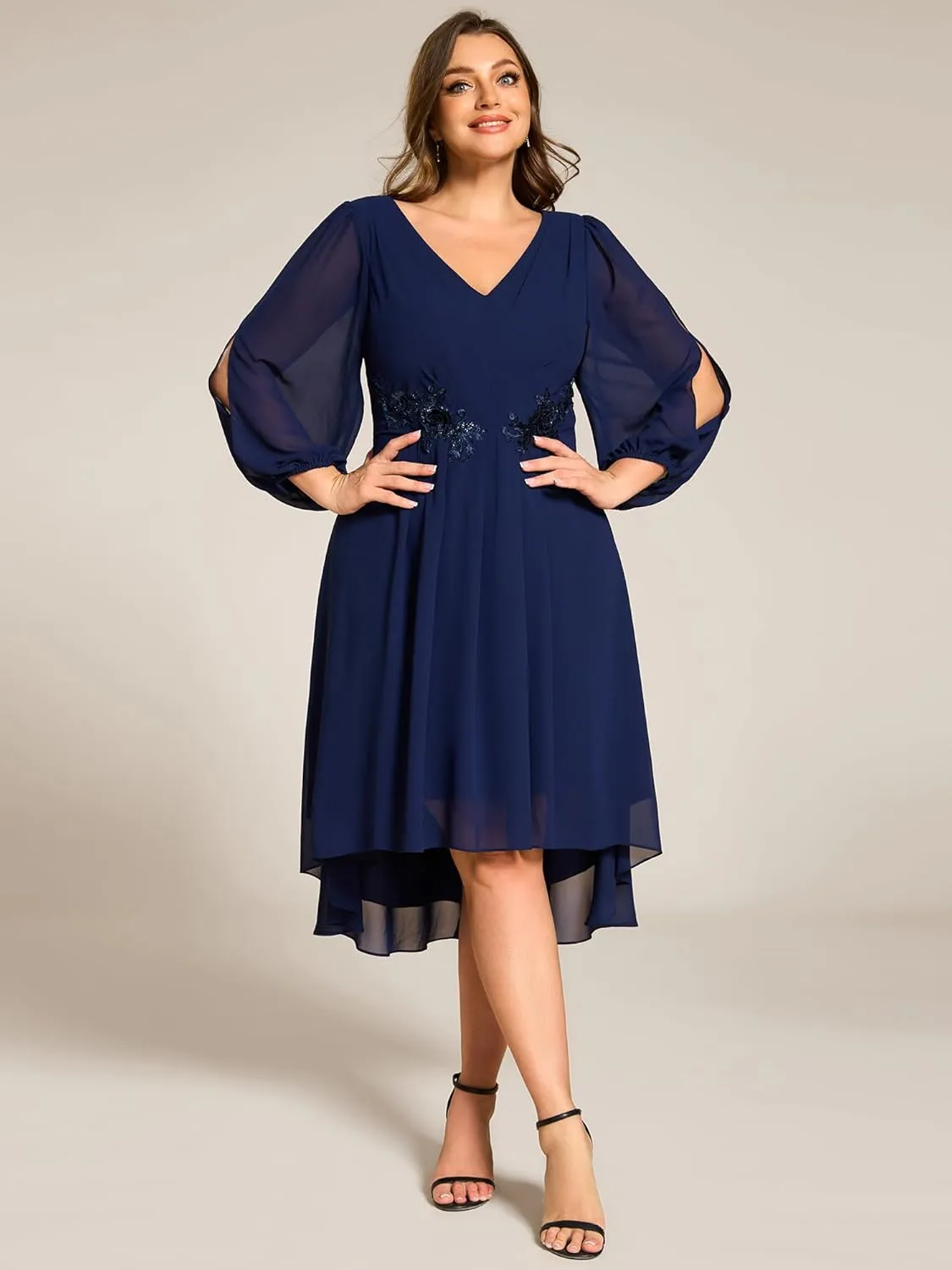 Ever-Pretty Plus Women's Trendy V Neck Hollow Out Long Sleeves Chiffon Applique Plus Size Midi Semi Formal Dresses 02926-DA