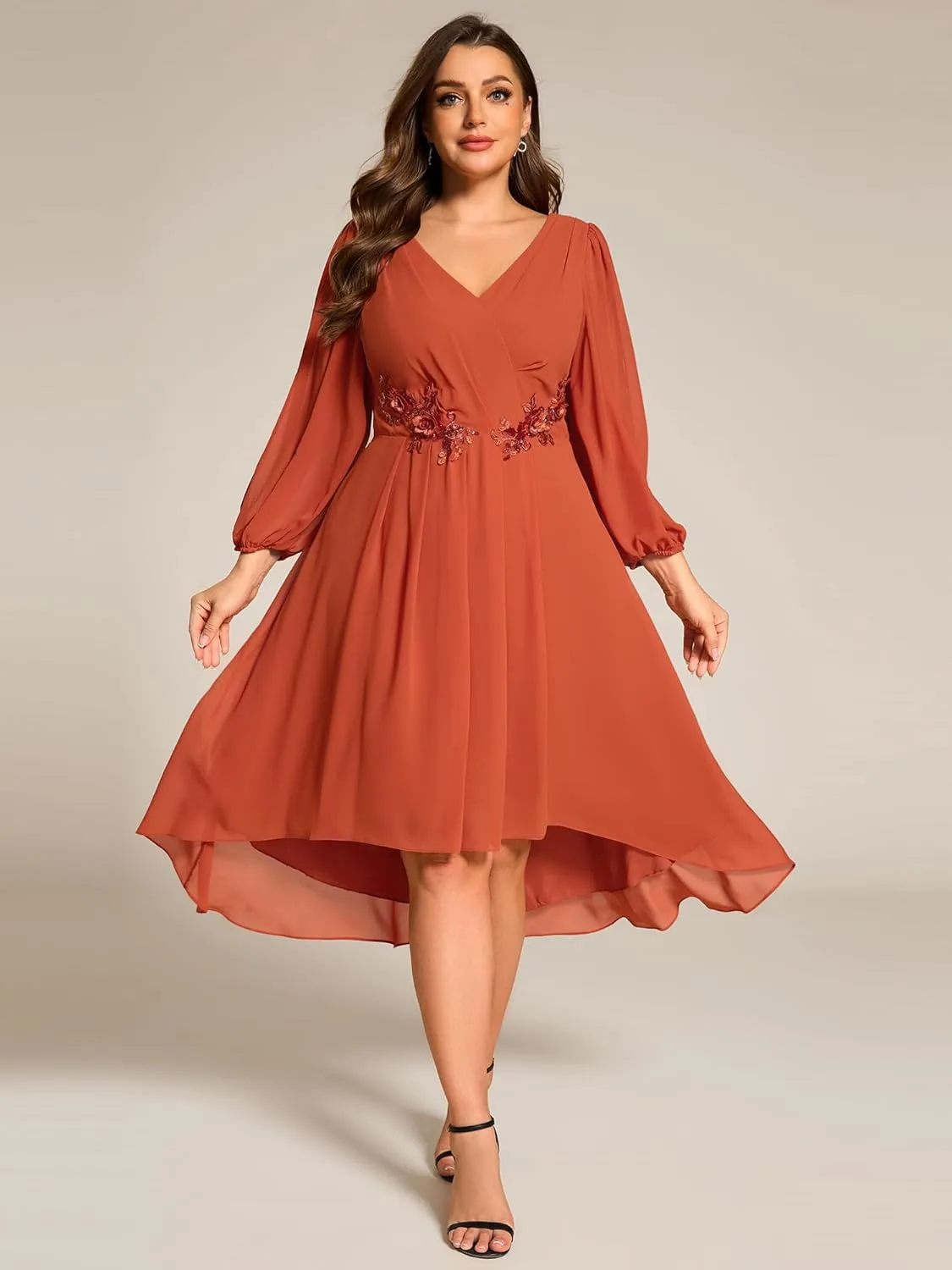 Ever-Pretty Plus Women's Trendy V Neck Hollow Out Long Sleeves Chiffon Applique Plus Size Midi Semi Formal Dresses 02926-DA